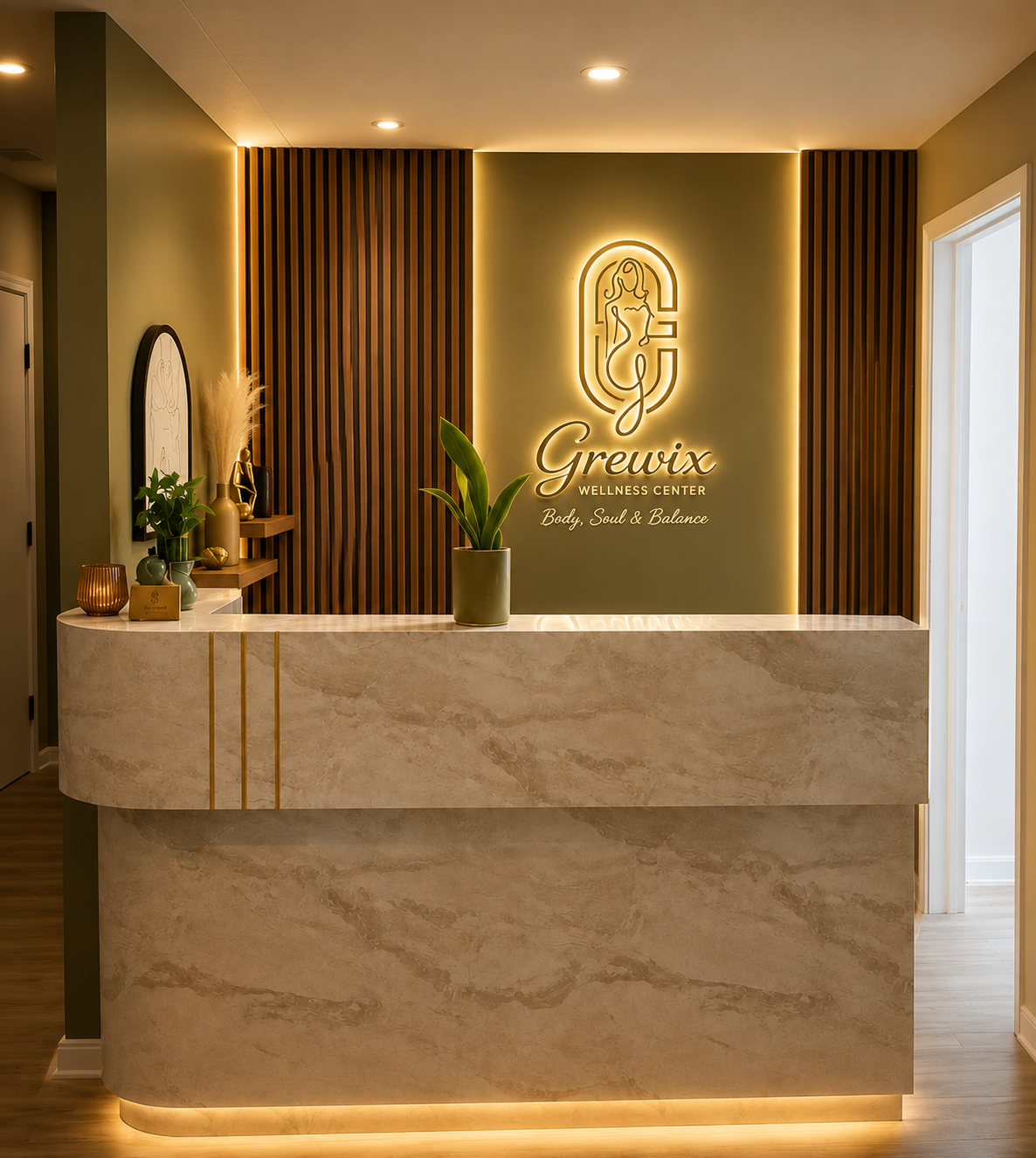 Grewix Wellness Center reception with backlit logo