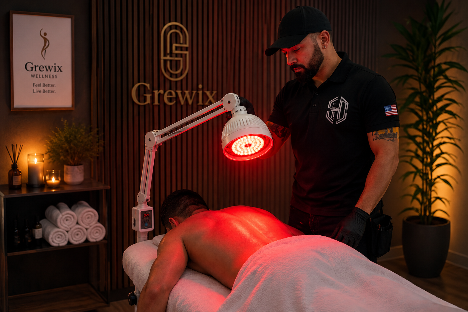Terapia de luz infrarroja aplicada sobre la espalda en Grewix Wellness Center
